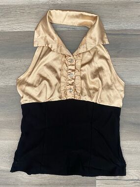 Vintage Y2K Satin Halter Top Black Gold Rhinestone Button Collared Blouse